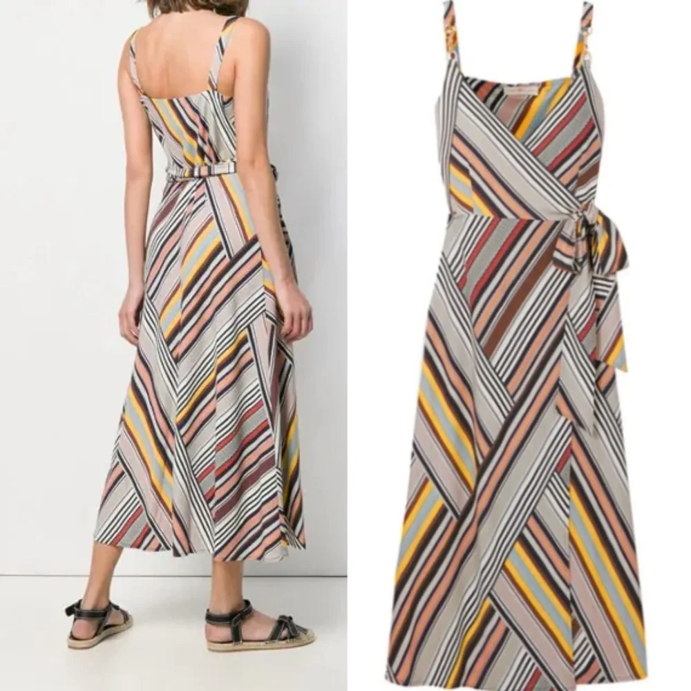 Tory Burch Runway Hook-Embellished Striped Crepe-Jersey Midi Wrap Dress     g12
